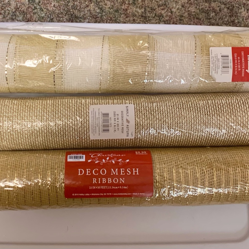 Deco mesh rolls, wreath supplies, bow making, gold, Christmas, wedding decor